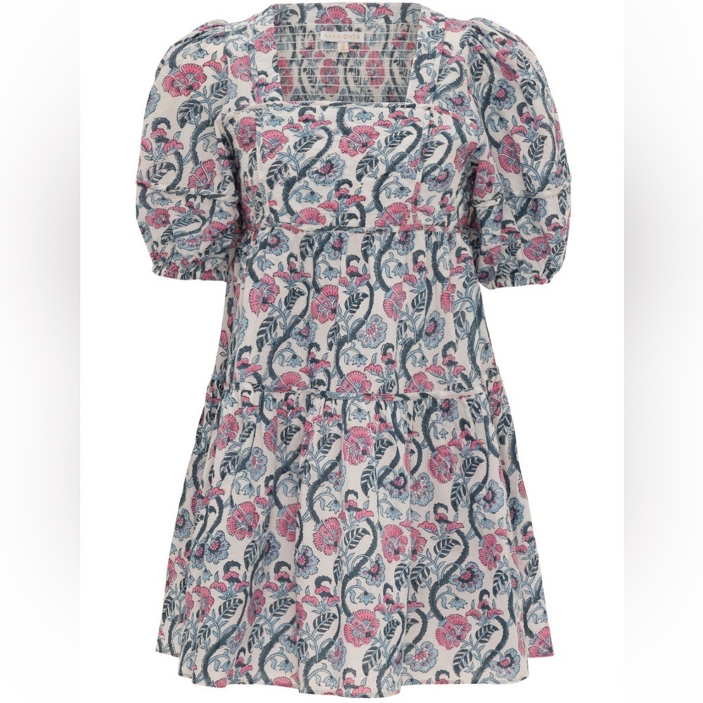 Anna Cate Harper Square Neck Puff‎ Sleeve Dress Pink Blue Floral Size Small